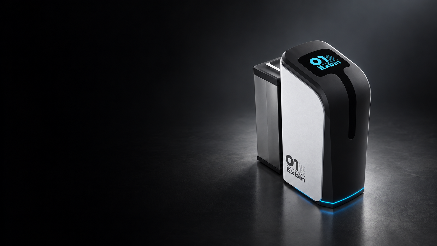 Exbin device with blue base lighting in a dark studio