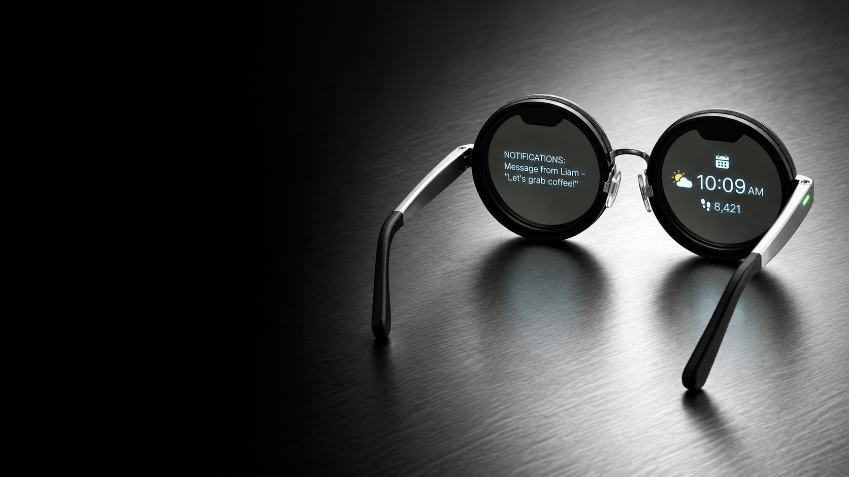 Smart glasses with lens displays on a brushed metal table