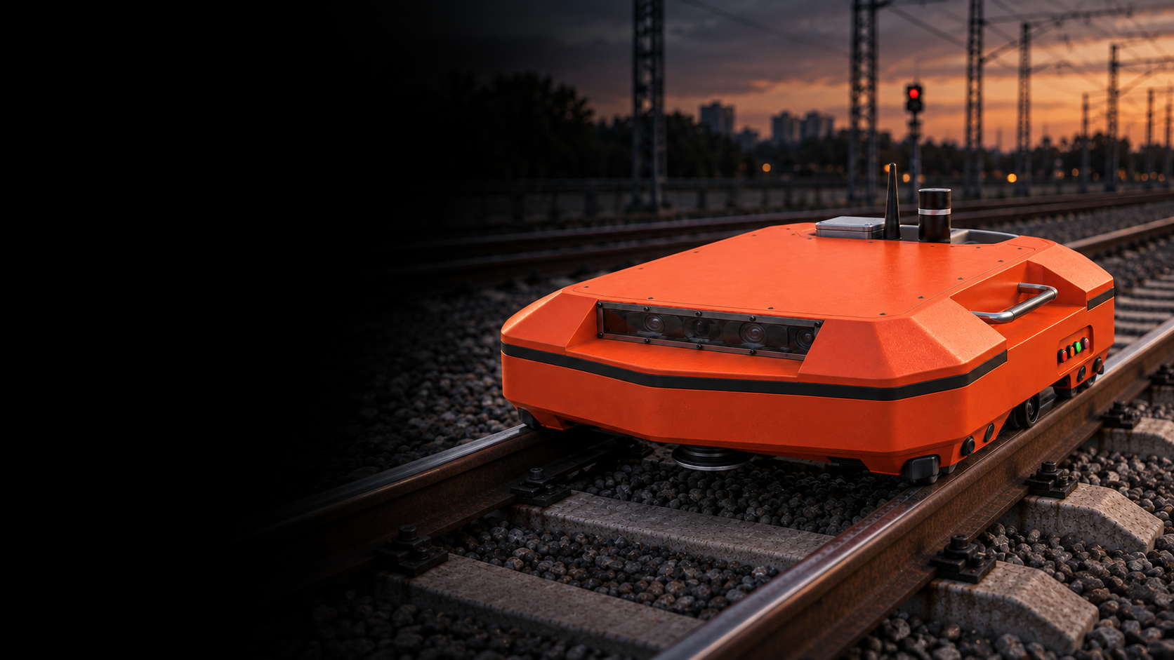 Orange inspection robot on railway tracks
