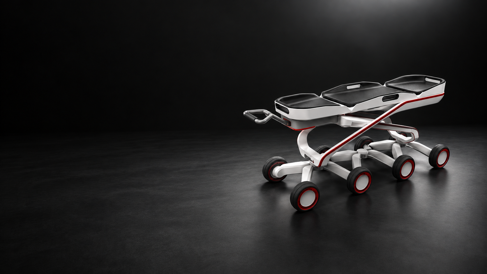 White and red articulated stretcher in a dark studio